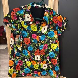 Alice + Olivia woman’s Vibrant Floral Shirt - Black, Blue, Orange